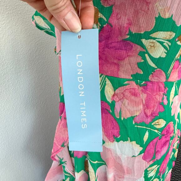 London Times Sleeveless Floral Ruffle Wrap Asymmetrical Hem Maxi Dress Sz 8 NEW - Picture 10 of 15